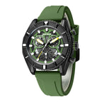 MEGIR 2209 men's chronograph watch, black case with green skeleton dial and green silicone strap, angled view