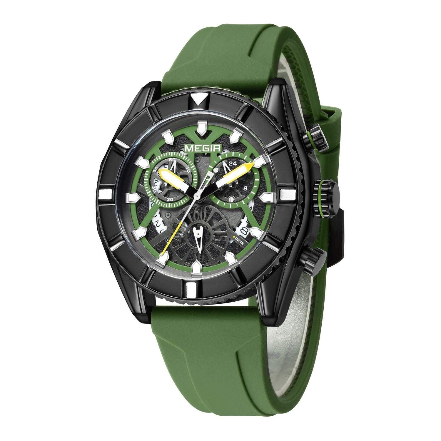 MEGIR 2209 men's chronograph watch, black case with green skeleton dial and green silicone strap, angled view