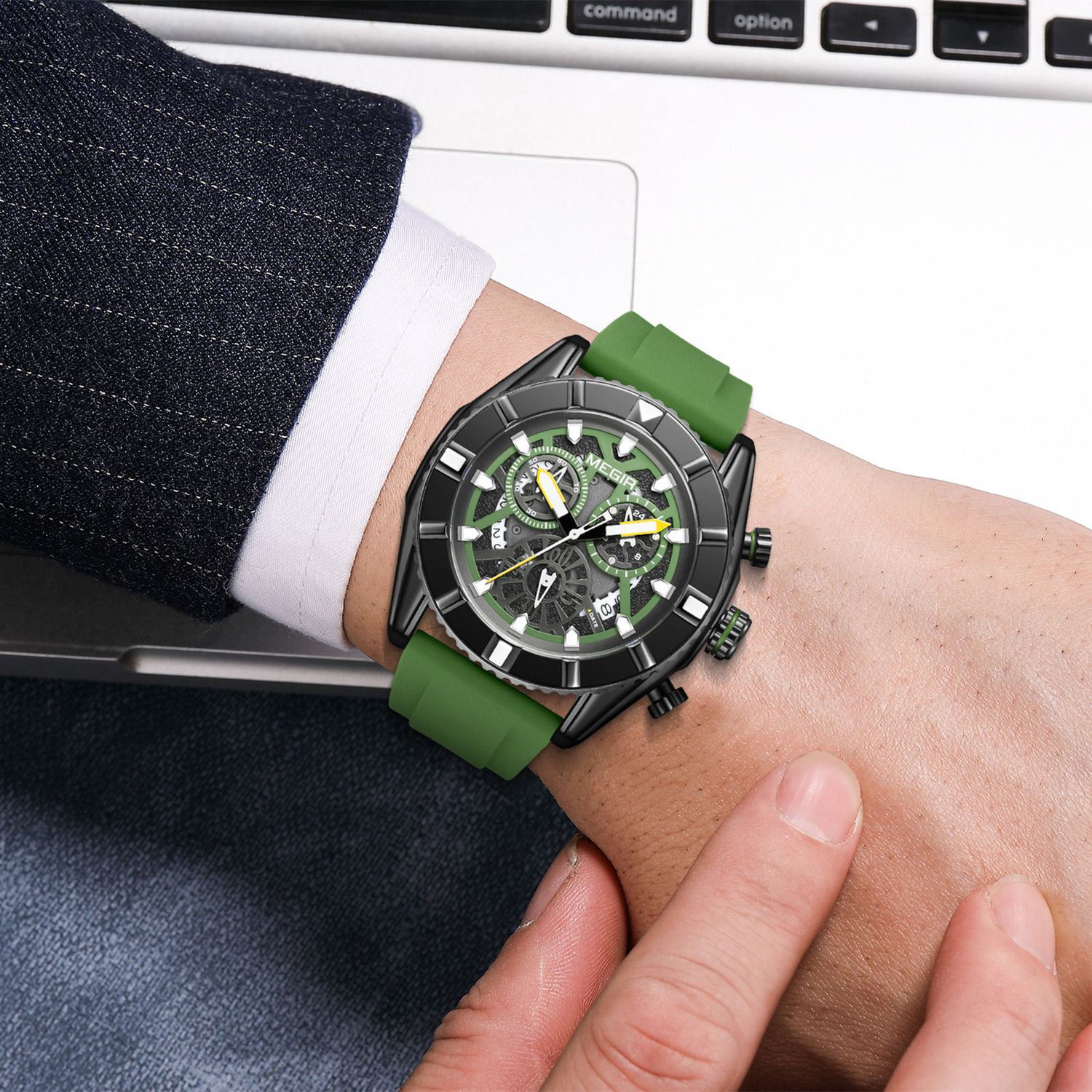 MEGIR 2209 men's chronograph watch on the wrist, black case with green skeleton dial and green silicone strap