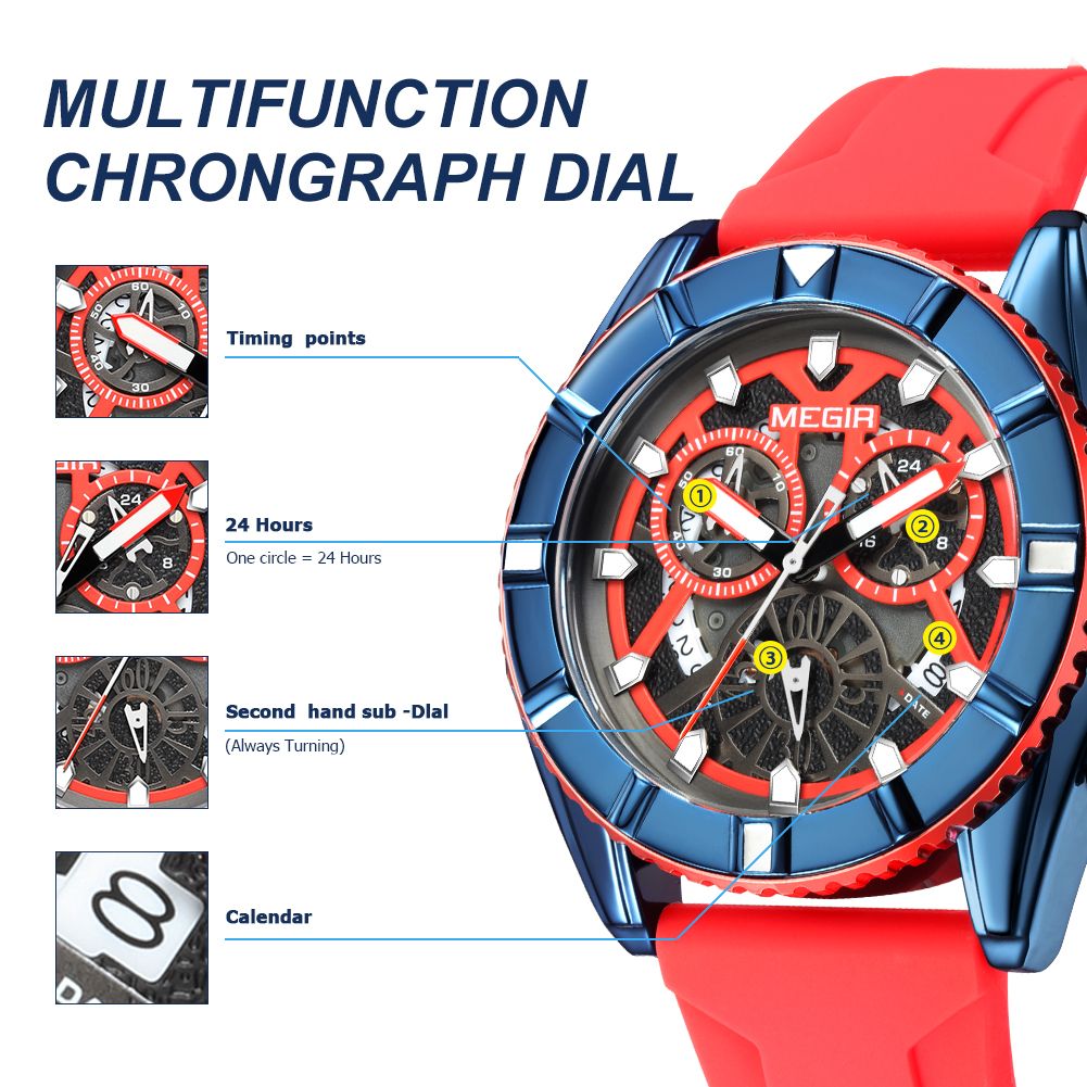 MEGIR 2209 men's chronograph watch feature graphic explaining the multifunction sub-dials and calendar window