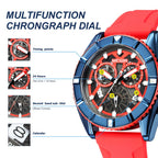 MEGIR 2209 men's chronograph watch feature graphic explaining the multifunction sub-dials and calendar window