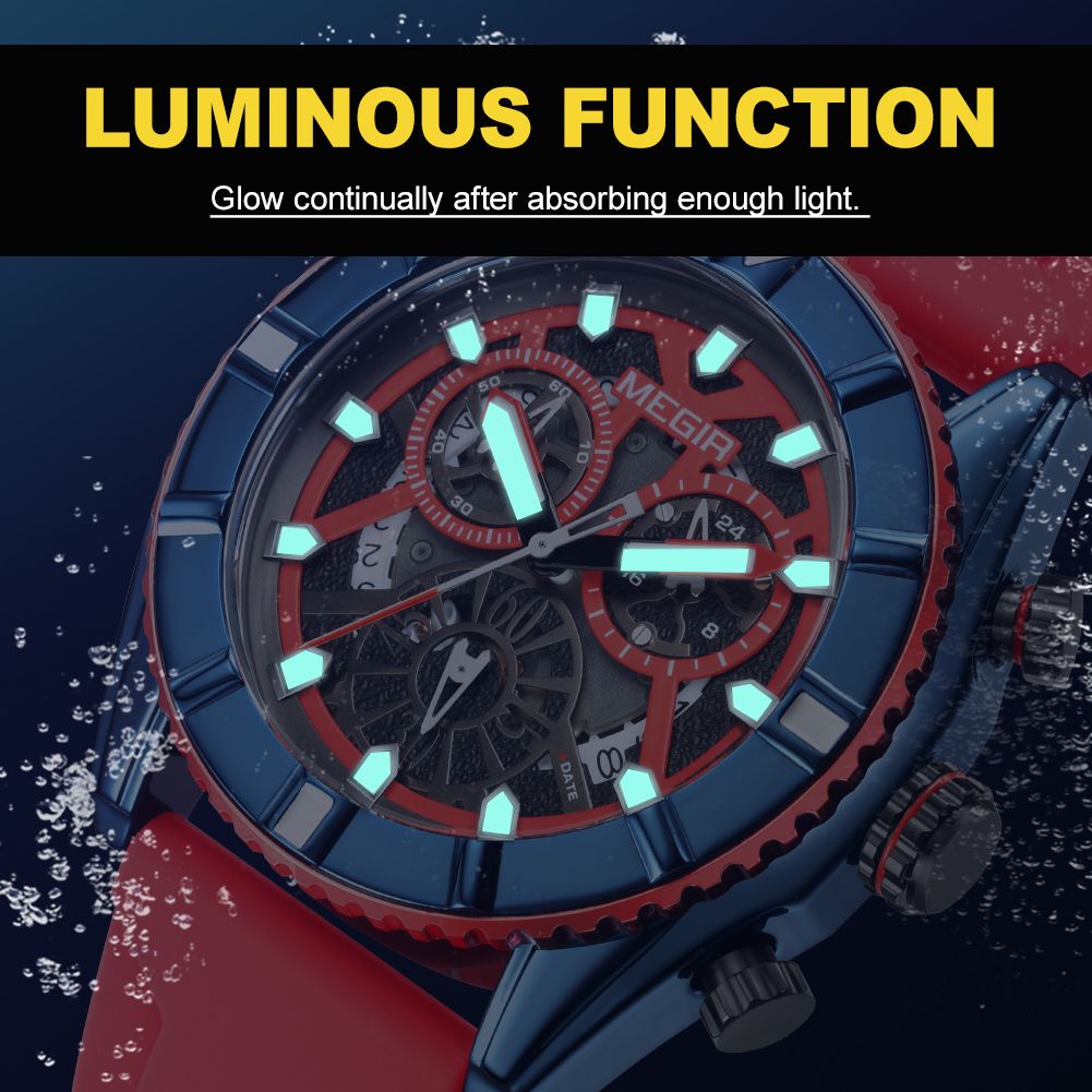 MEGIR 2209 men's chronograph watch feature graphic showing luminous hands and markers glowing in the dark