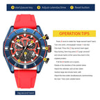 MEGIR 2209 men's chronograph watch operation graphic showing the start, calendar and reset buttons
