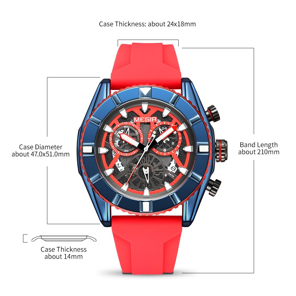 MEGIR 2209 men's chronograph watch parameters graphic with case diameter, band length and thickness