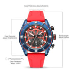 MEGIR 2209 men's chronograph watch parameters graphic with case diameter, band length and thickness