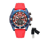 MEGIR 2209 men's chronograph watch, blue case with red skeleton dial and red silicone strap, with gift box