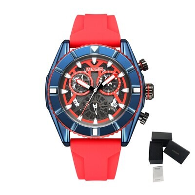 MEGIR 2209 men's chronograph watch, blue case with red skeleton dial and red silicone strap, with gift box