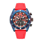 MEGIR 2209 men's chronograph watch, blue case with red skeleton dial and red silicone strap, front view