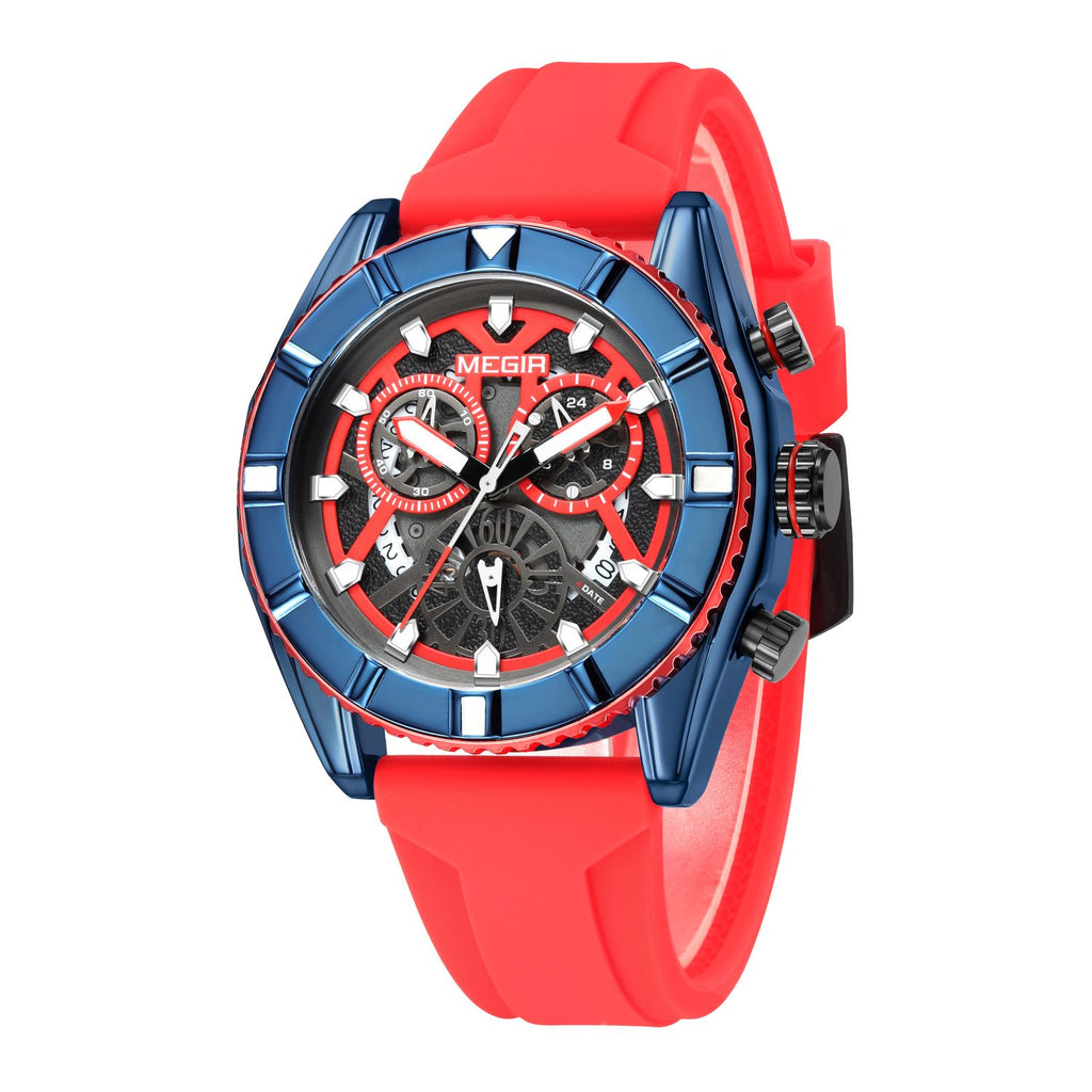 MEGIR 2209 men's chronograph watch, blue case with red skeleton dial and red silicone strap, angled view