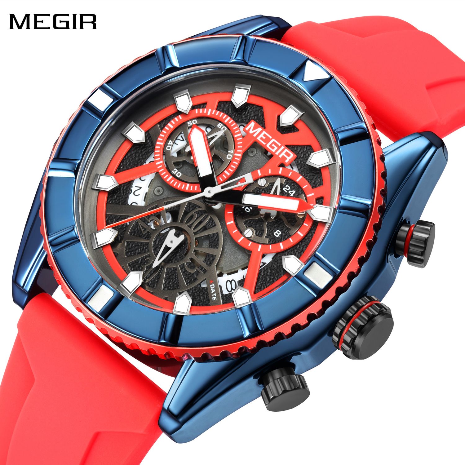 MEGIR 2209 men's chronograph watch, blue case with red skeleton dial and red silicone strap, studio view