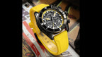 MEGIR 2209 men's chronograph watch, black case with yellow skeleton dial and yellow silicone strap, studio view