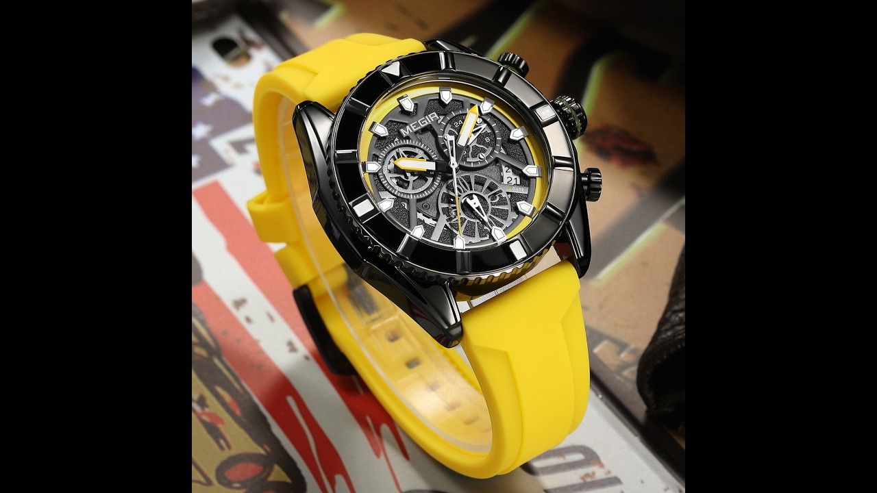 MEGIR 2209 men's chronograph watch, black case with yellow skeleton dial and yellow silicone strap, studio view