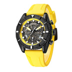 MEGIR 2209 men's chronograph watch, black case with yellow skeleton dial and yellow silicone strap, angled view