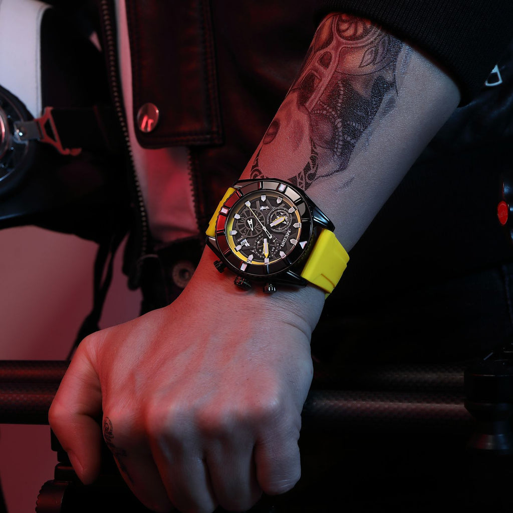 MEGIR 2209 men's chronograph watch on the wrist, black case with yellow skeleton dial and yellow silicone strap
