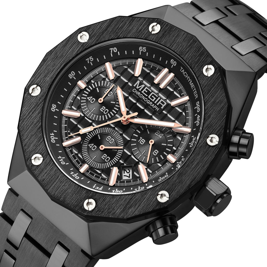 MEGIR 2213 men's chronograph watch, black case with rose-gold accents, black dial and steel bracelet, angled view