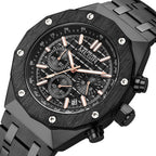 MEGIR 2213 men's chronograph watch, black case with rose-gold accents, black dial and steel bracelet, angled view