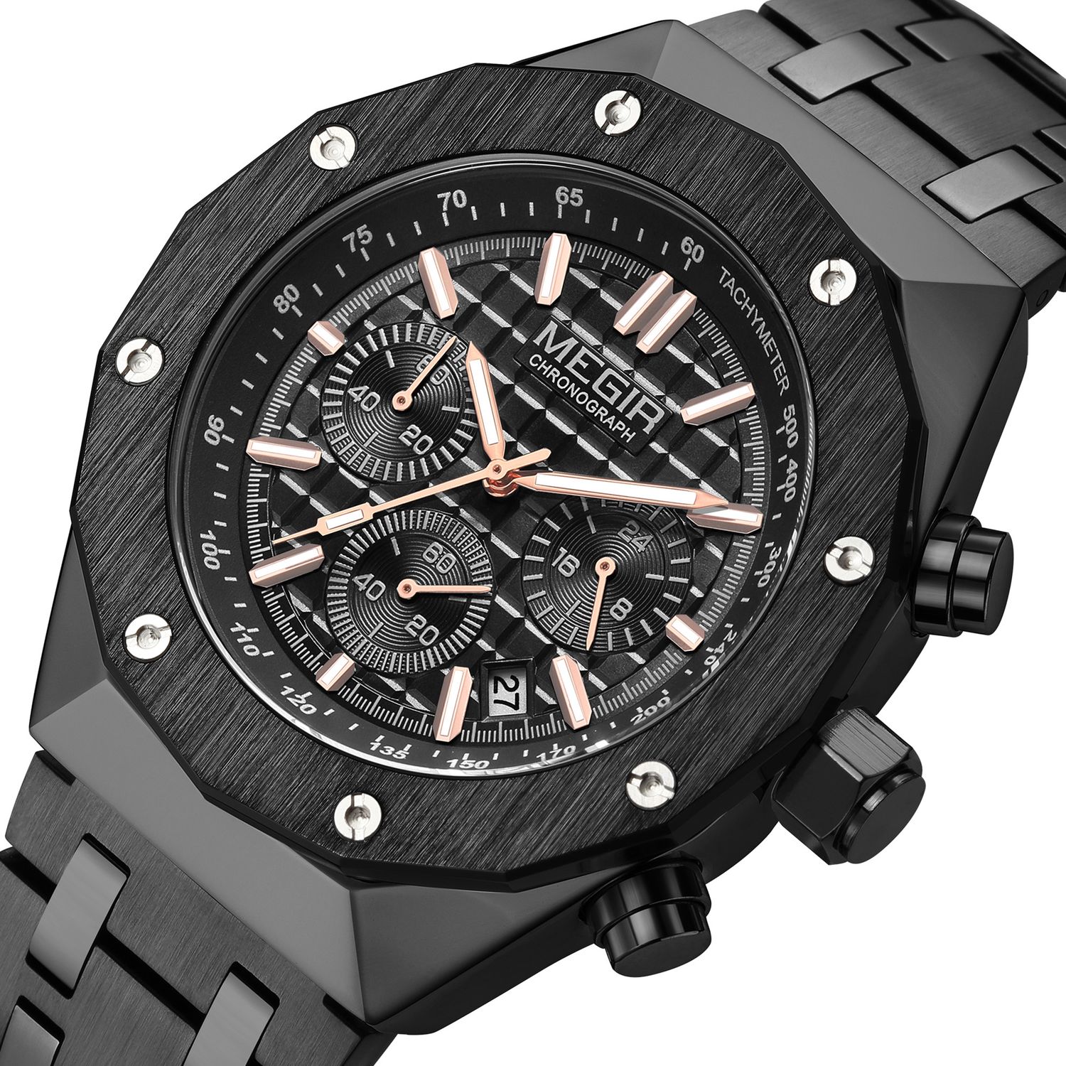 MEGIR 2213 men's chronograph watch, black case with rose-gold accents, black dial and steel bracelet, angled view
