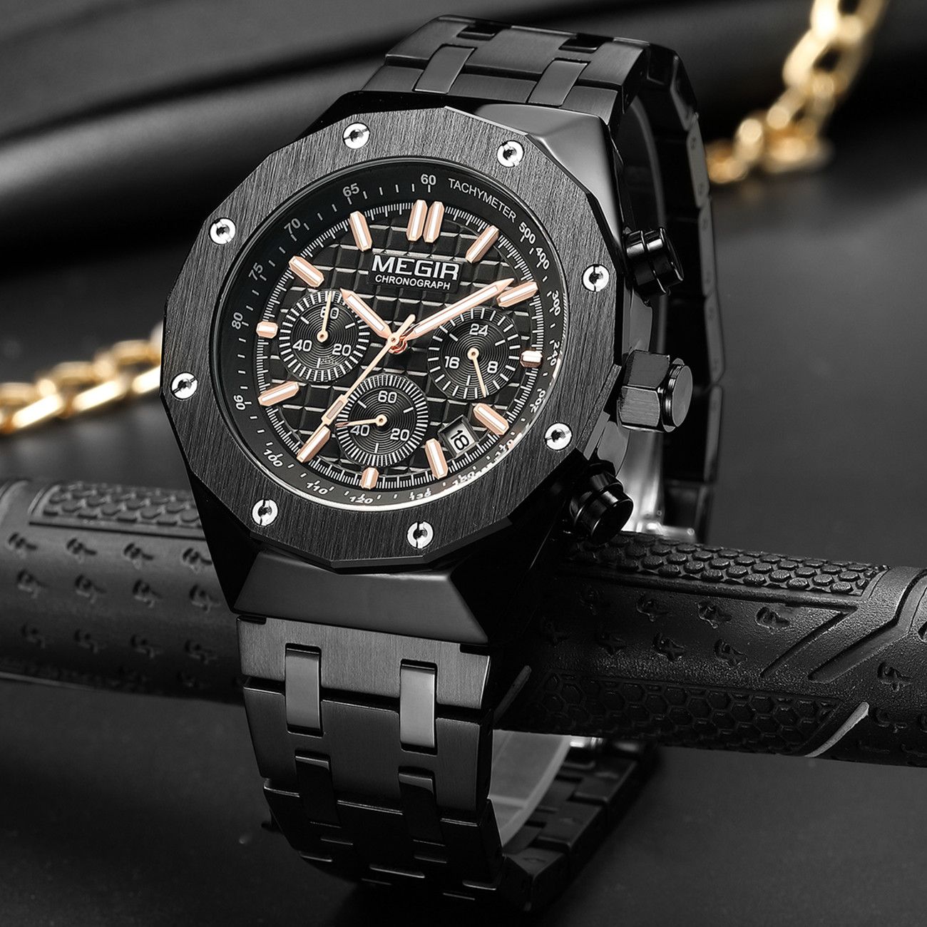 MEGIR 2213 men's chronograph watch, black case with rose-gold accents, black dial and steel bracelet, studio view