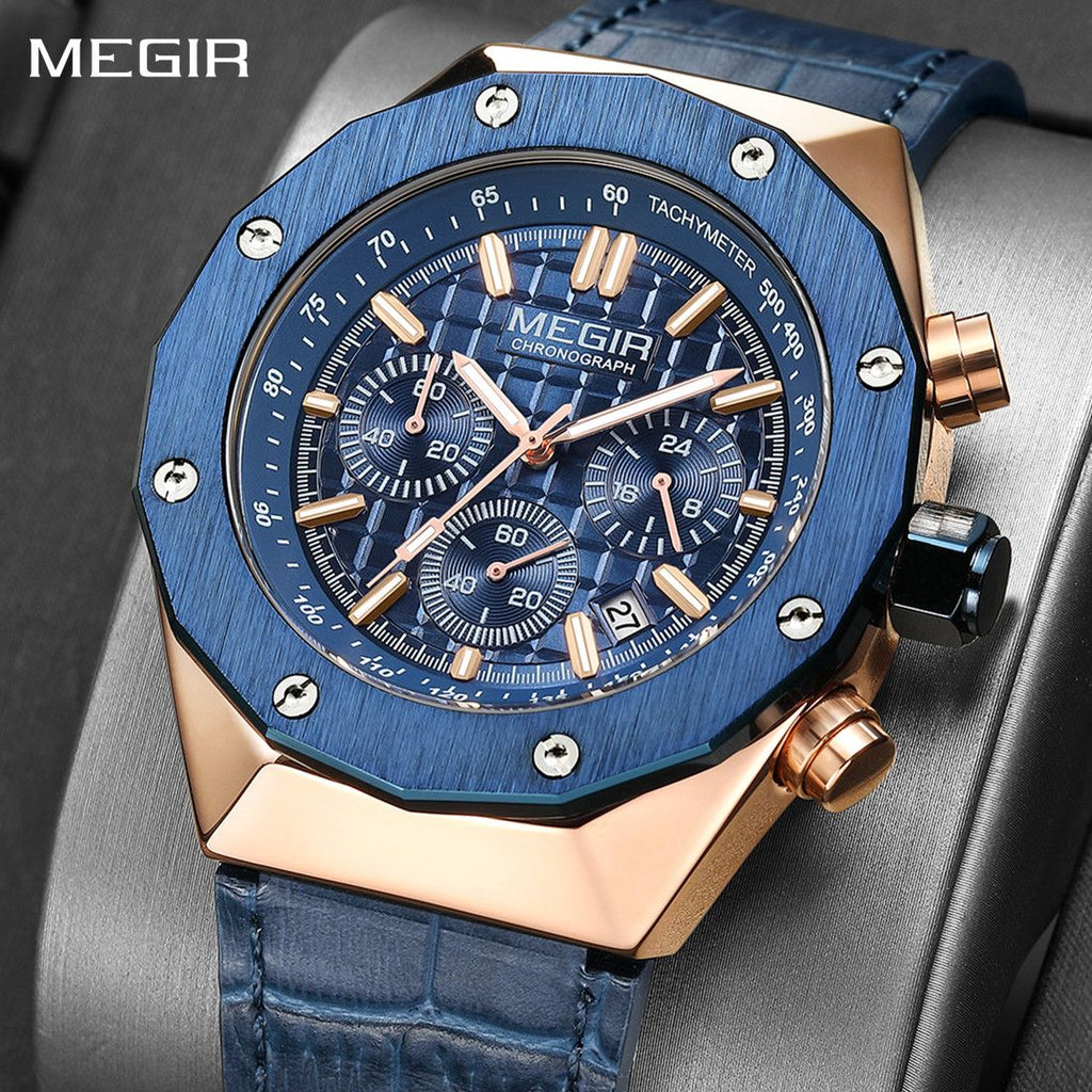 MEGIR 2213 men's chronograph watch, rose-gold case with blue bezel, blue dial and blue leather strap, front view