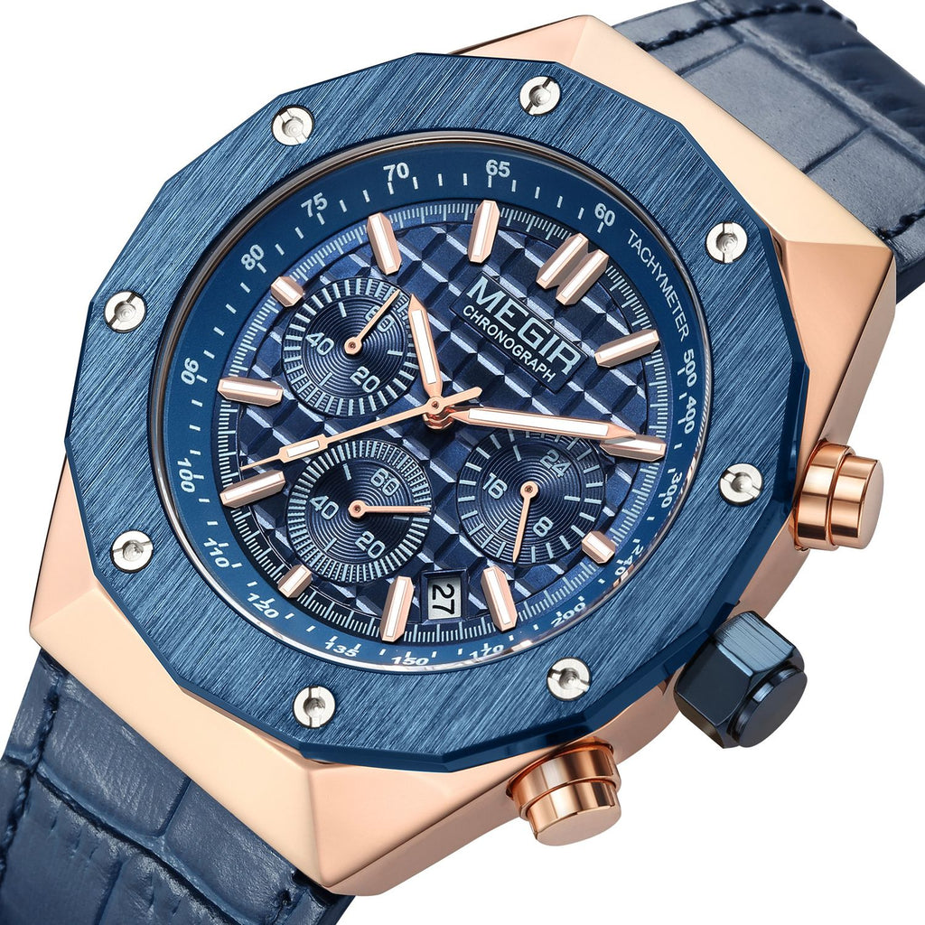 MEGIR 2213 men's chronograph watch, rose-gold case with blue bezel, blue dial and blue leather strap, angled view