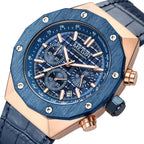 MEGIR 2213 men's chronograph watch, rose-gold case with blue bezel, blue dial and blue leather strap, angled view