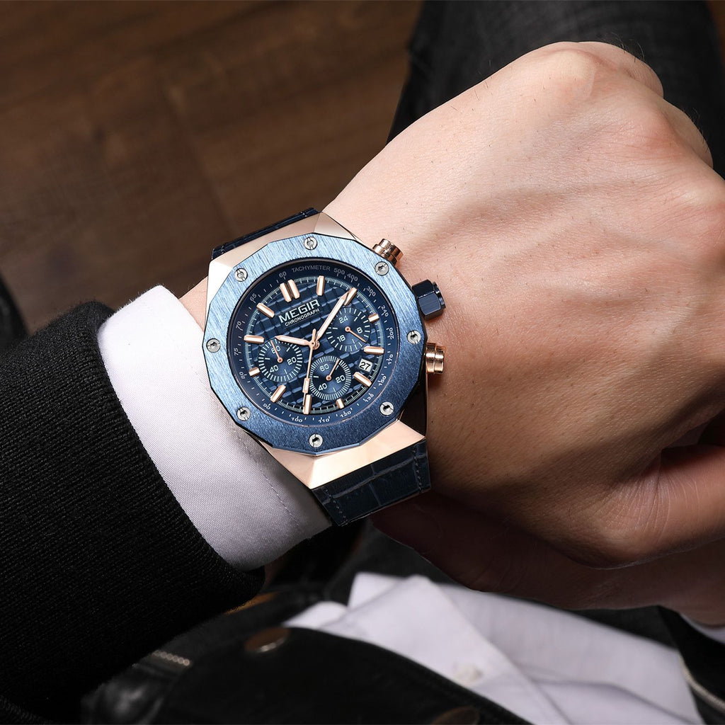 MEGIR 2213 men's chronograph watch on the wrist, rose-gold case with blue dial and blue leather strap
