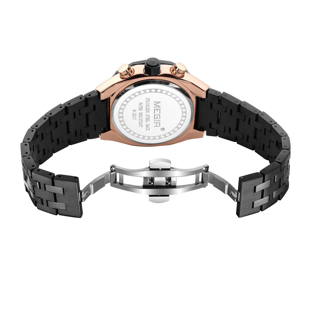MEGIR 2213 men's chronograph watch caseback with engravings, black bracelet and folding clasp