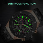 MEGIR 2213 men's chronograph watch feature graphic showing luminous hands glowing in the dark