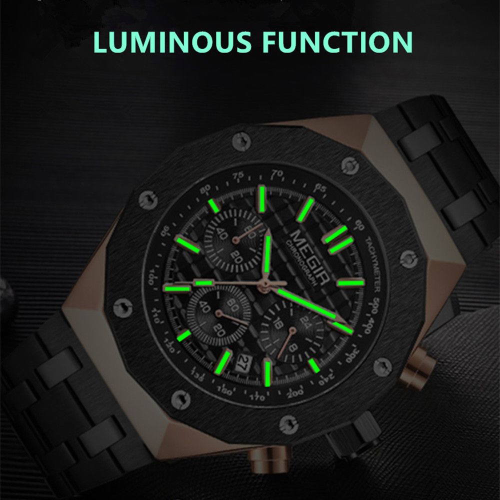 MEGIR 2213 men's chronograph watch feature graphic showing luminous hands glowing in the dark