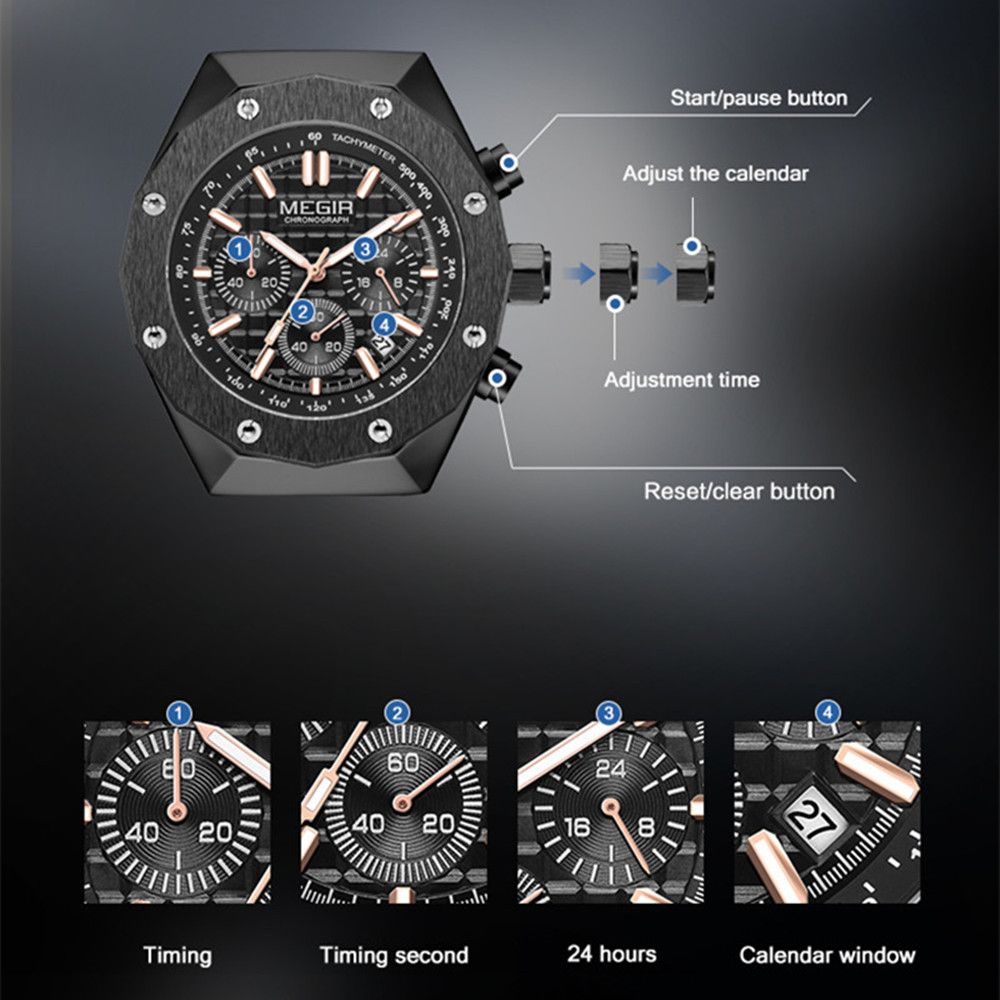 MEGIR 2213 men's chronograph watch operation graphic showing the start, calendar and reset buttons
