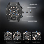 MEGIR 2213 men's chronograph watch operation graphic showing the start, calendar and reset buttons