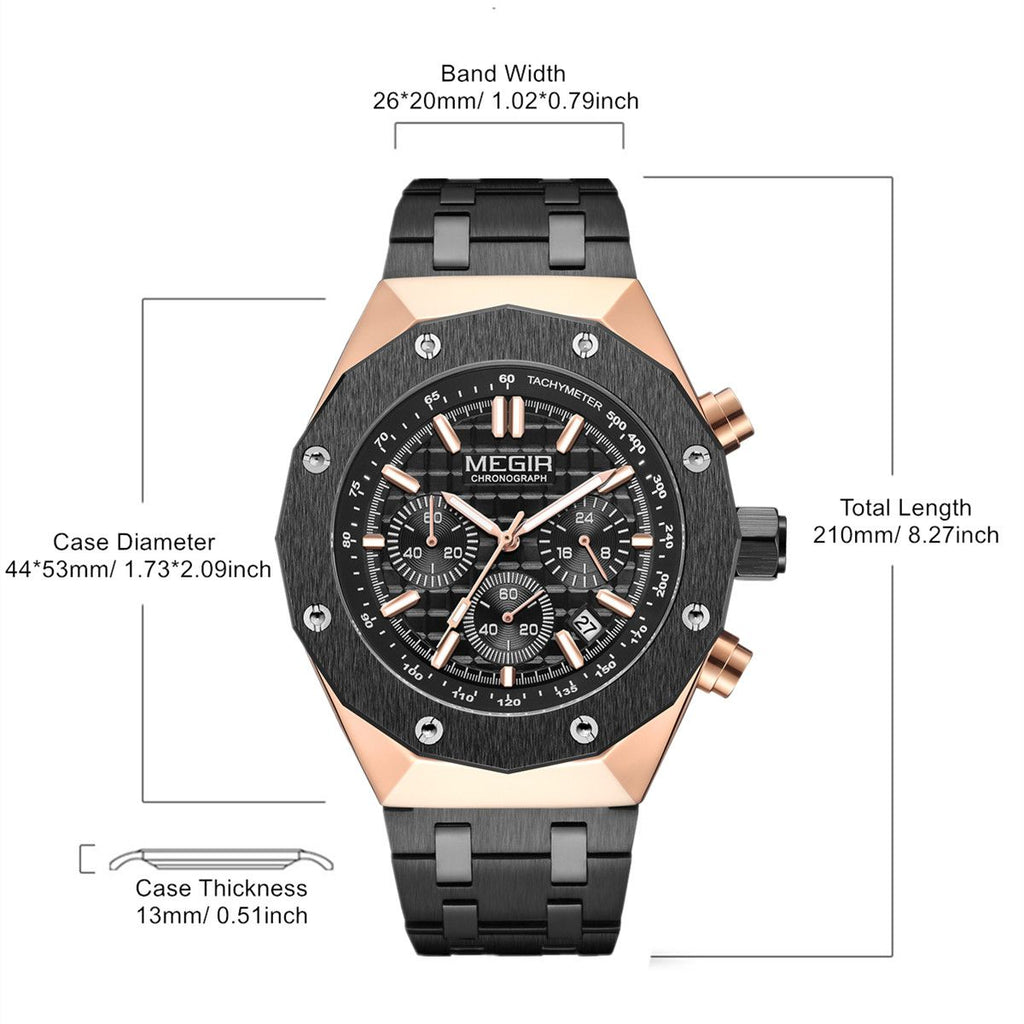 MEGIR 2213 men's chronograph watch parameters graphic with case diameter, band width and total length
