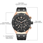 MEGIR 2213 men's chronograph watch parameters graphic with case diameter, band width and total length