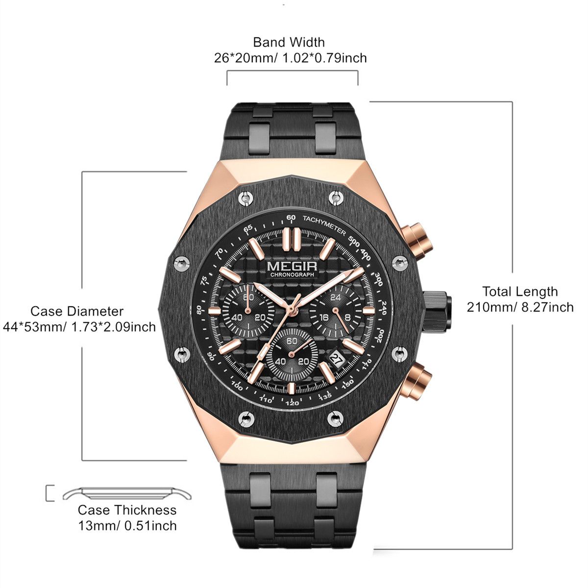 MEGIR 2213 men's chronograph watch parameters graphic with case diameter, band width and total length