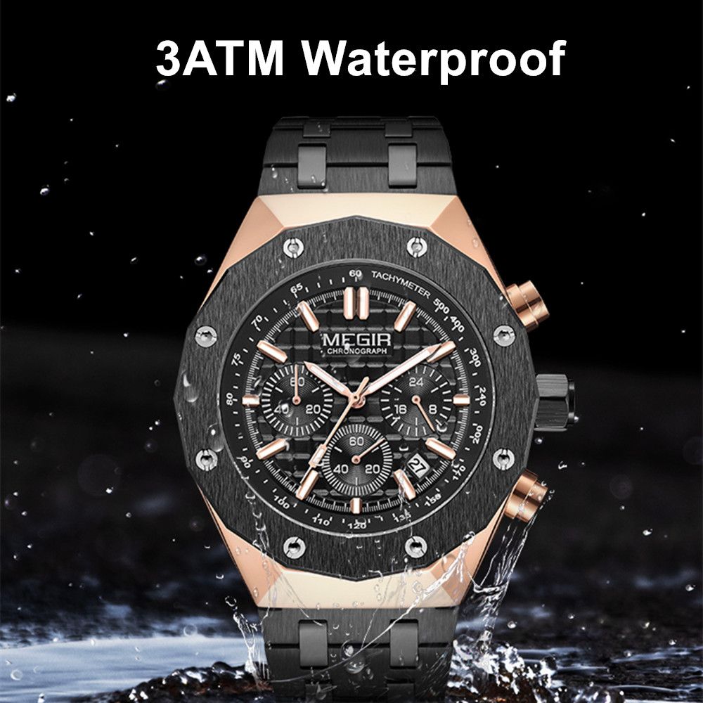 MEGIR 2213 men's chronograph watch water-resistance graphic, rose-gold and black case with black dial
