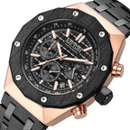 MEGIR 2213 men's chronograph watch, rose-gold case with black bezel, black dial and black bracelet, angled view