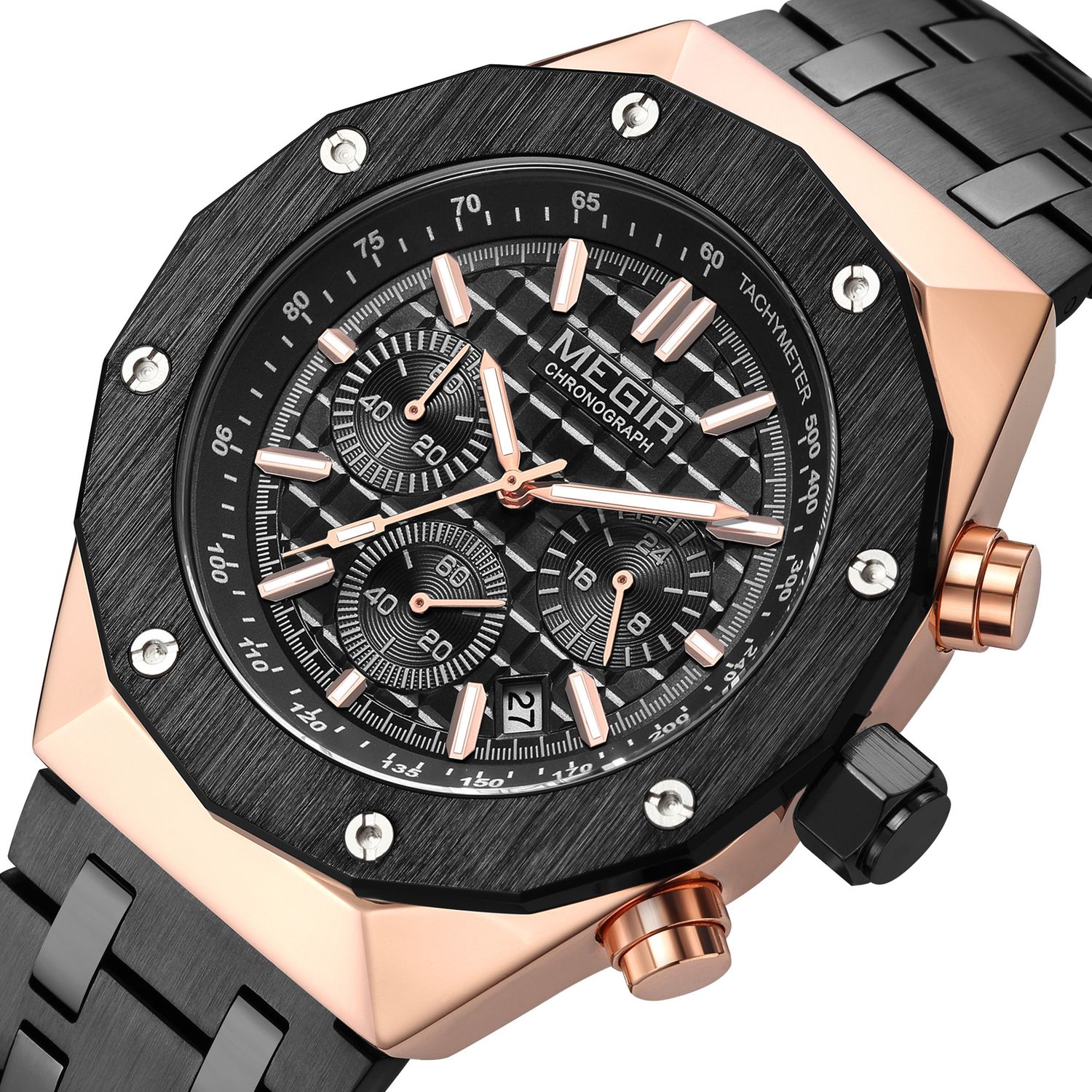 MEGIR 2213 men's chronograph watch, rose-gold case with black bezel, black dial and black bracelet, angled view