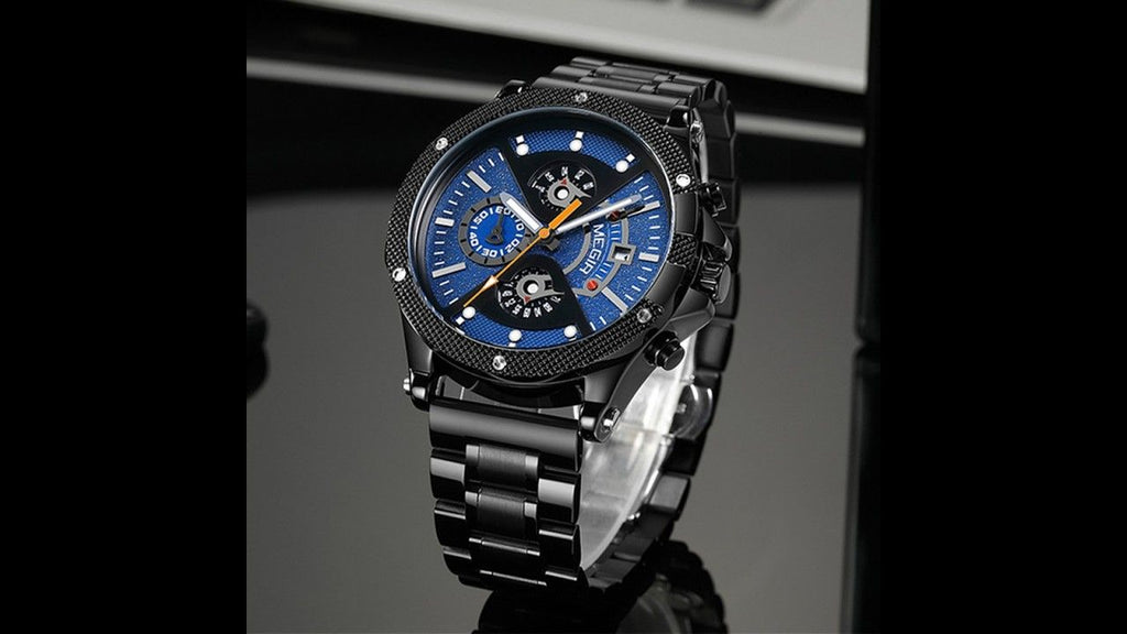 MEGIR 2216 men's chronograph watch, black case with blue dial and black bracelet, studio view