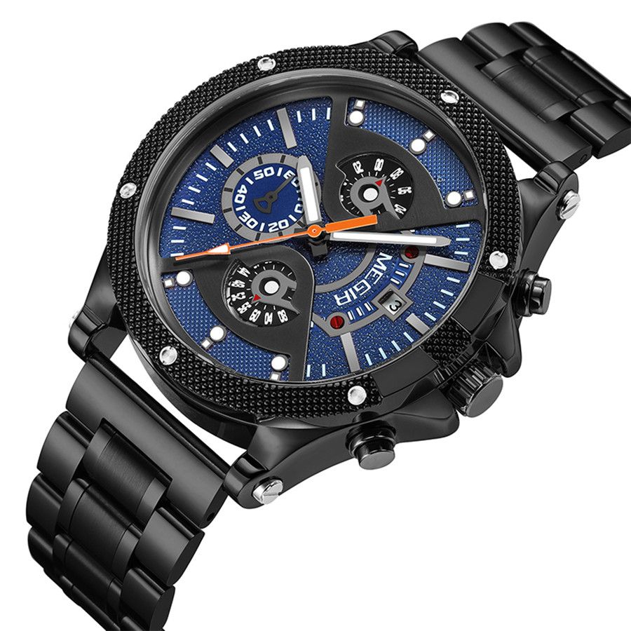 MEGIR 2216 men's chronograph watch, black case with blue dial and black bracelet, angled view