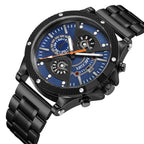 MEGIR 2216 men's chronograph watch, black case with blue dial and black bracelet, angled view