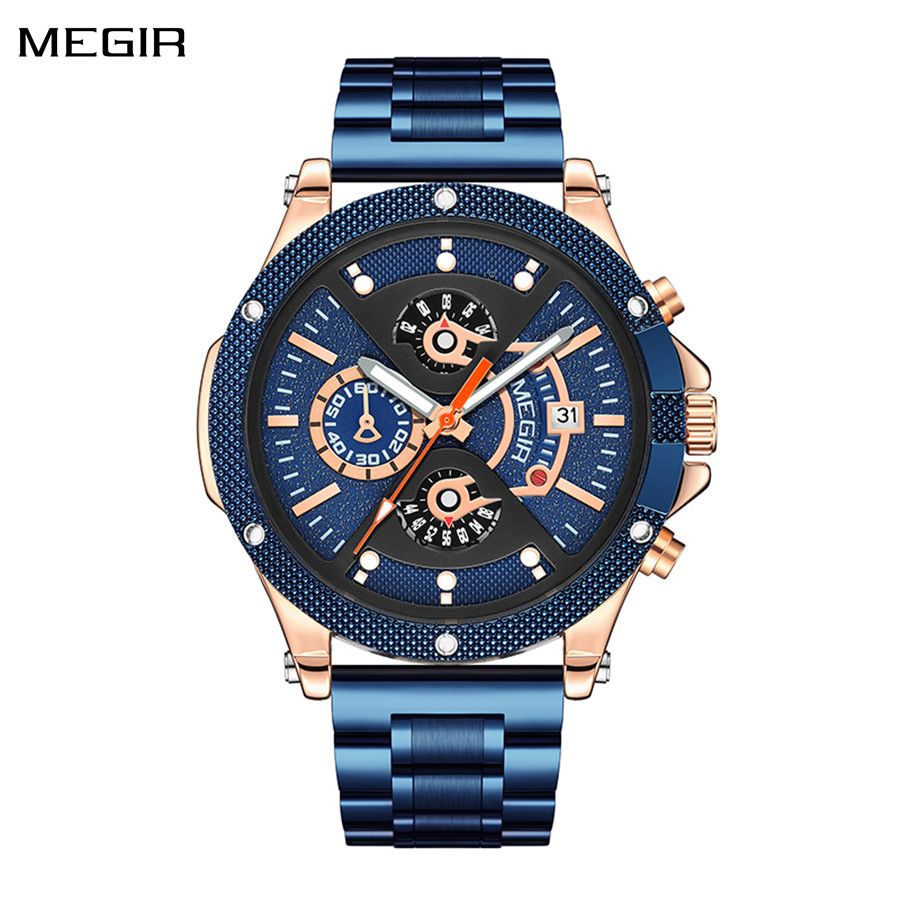 MEGIR 2216 men's chronograph watch, blue case with rose-gold bezel, blue dial and blue steel bracelet, front view