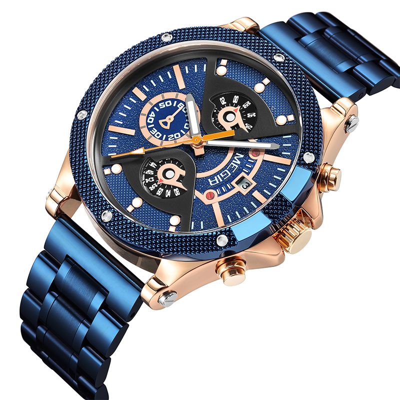 MEGIR 2216 men's chronograph watch, blue case with rose-gold bezel, blue dial and blue bracelet, angled view