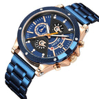 MEGIR 2216 men's chronograph watch, blue case with rose-gold bezel, blue dial and blue bracelet, angled view