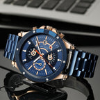 MEGIR 2216 men's chronograph watch, blue case with rose-gold bezel, blue dial and blue bracelet, studio view