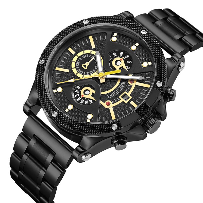 MEGIR 2216 men's chronograph watch, black case with gold-accent black dial and black bracelet, angled view