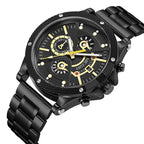 MEGIR 2216 men's chronograph watch, black case with gold-accent black dial and black bracelet, angled view