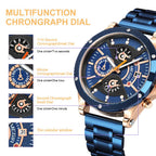 MEGIR 2216 men's chronograph watch feature graphic explaining the multifunction sub-dials and calendar window