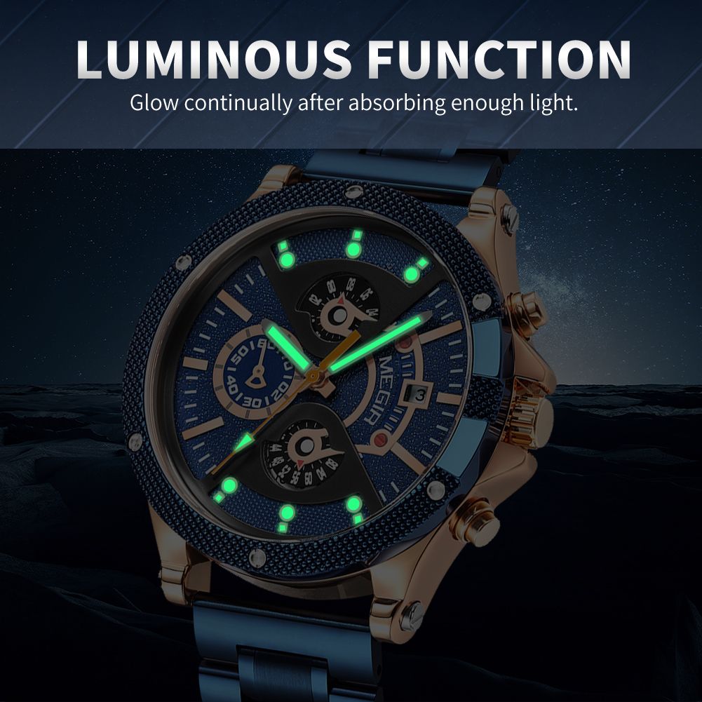 MEGIR 2216 men's chronograph watch feature graphic showing luminous hands glowing in the dark