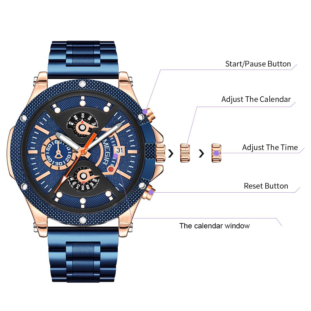 MEGIR 2216 men's chronograph watch operation graphic showing the start, calendar, time and reset buttons
