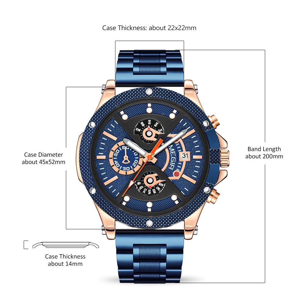 MEGIR 2216 men's chronograph watch parameters graphic with case diameter, thickness and band length